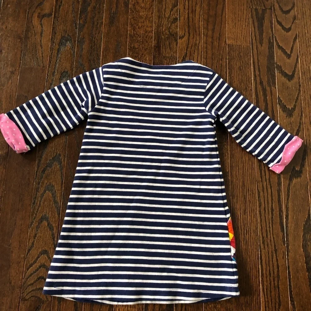 JoJo Maman Bébé Girls 3-4 Navy Blue Striped Elmer Elephant Appliqué A-Line Dress